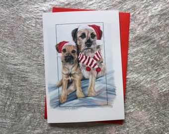 Border Terriers, Christmas Card, Santa hat, Knitted Scarf, Festive, Greeting Card