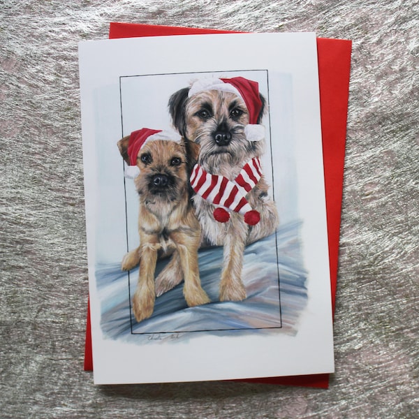 Border Terriers, Christmas Card, Santa hat, Knitted Scarf, Festive, Greeting Card