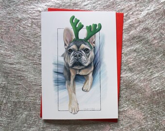 Frenchie, Christmas Card, Blue and Tan Frenchie, French Bulldog, Antlers, Festive, Greeting Card