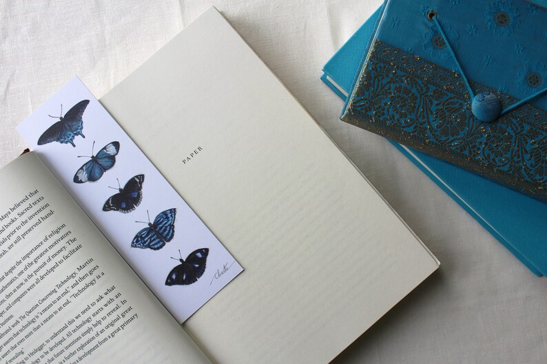 Blue Bookmark, butterfly, bookmark, illustrated bookmark, bookmark set, book lovers gift, birthday, gift, book merchandise, reading, books image 4