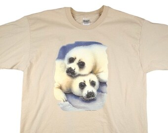 Vintage Baby Harp Seals T Shirt Mens Size XL Y2K Animal Nature Tee