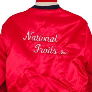 Vintage National Trails Satin Bomber Jacket Mens Size Large Red 80s Made In USA