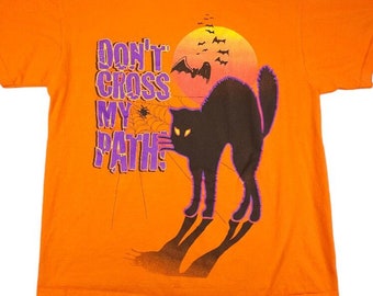Vintage Halloween T Shirt Mens Size Large Orange 90s Black Cat Bats Spiderweb