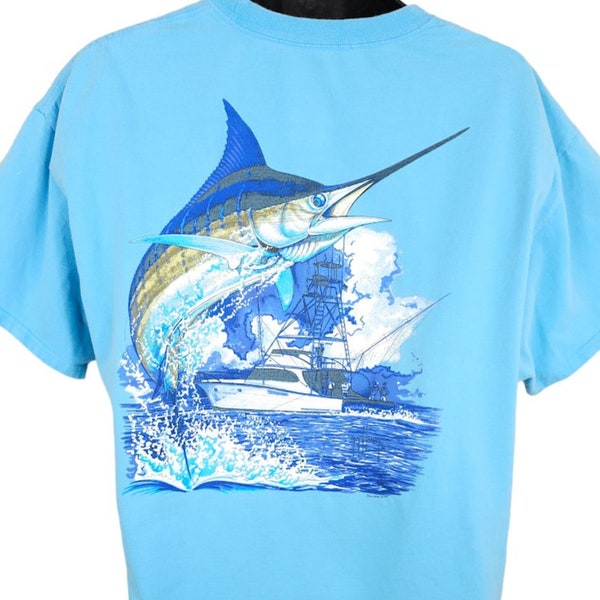 Vintage Guy Harvey T Shirt Mens Size XL Blue Y2K Marlin Fishing Sportfishing