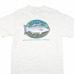 May include: White t-shirt with a graphic of a striped fish in a circle with the text "Zero Limit Catch & Release" and the text "Help Preserve Our Fragile Fisheries" below.