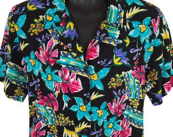 Vintage blommig hawaiiskjorta damstorlek medium svart 90-talsnoteringar