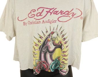 Ed Hardy Crop Top T Shirt Vintage Y2K Christian Audigier Panther Made In USA Mens Size 3XL