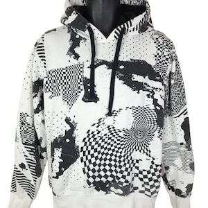 Black White Checked Sweatshirt Hoodie Vintage Y2K Streetwear Geometric Mens Size Medium