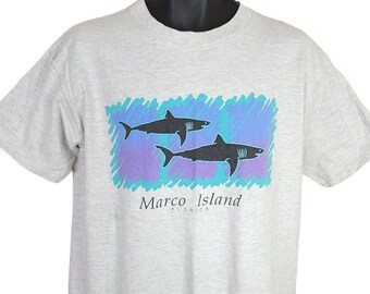 Sharks T Shirt vintage 90s Marco Island Florida Shark Attack Made In USA Mens Taille Large