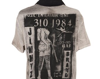 Vintage JimmyZ Polo Camisa Hombres Tamaño Medio Gris Todo Impresión Go Go Bar