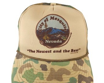 Mesquite Nevada Camo Trucker Hat Mens One Size Vintage 80s Snapback Rope Cap Camouflage