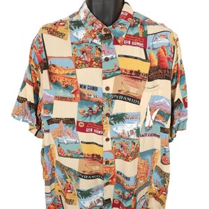 Vintage Reyn Spooner camisa hawaiana hombres tamaño XL beige viaje hecho en Hawaii EE.UU.