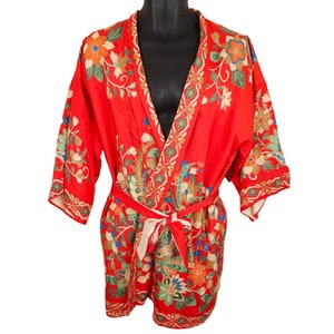 Vintage Asian Silk Kimono Robe Set Womens Size Large Red Made In Japan With Belt And Pants