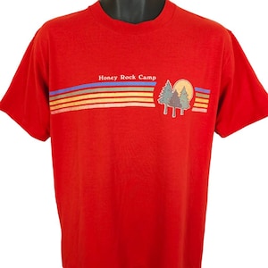 Honey Rock Camp T Shirt Vintage 80s Rainbow Stripes Made In USA Mens Size Large