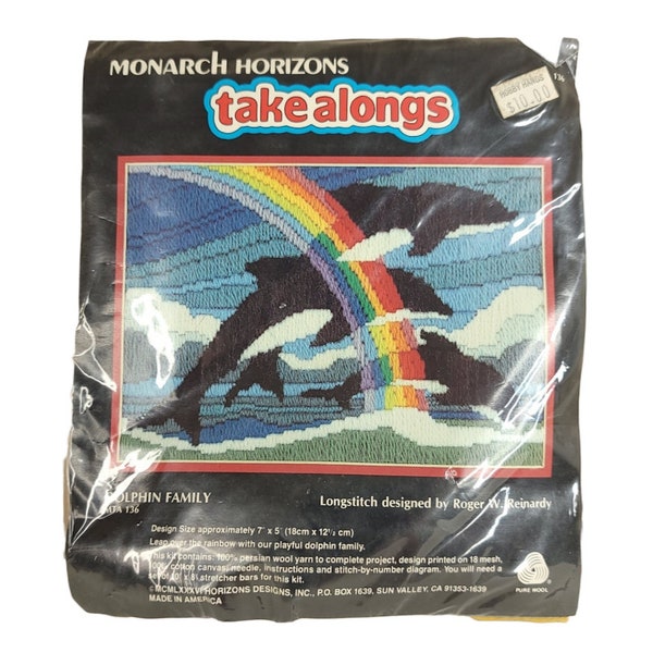 Monarch Horizons Take Alongs Cross Stitch Kit Vintage 80s Killer Whale Rainbow Dolphin Family MTA 136 7x5 Inch Design