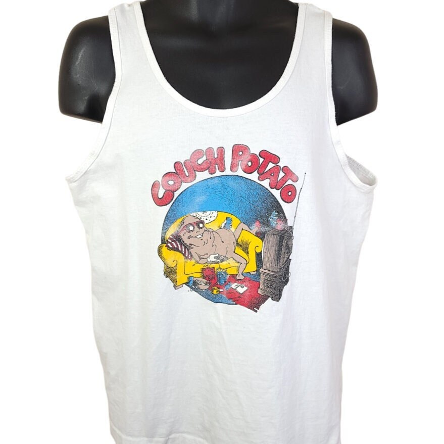 Couch Potato Cartoon Tank Top Vintage 80s 90s Funny Humor Joke Made In USA Mens Size Medium