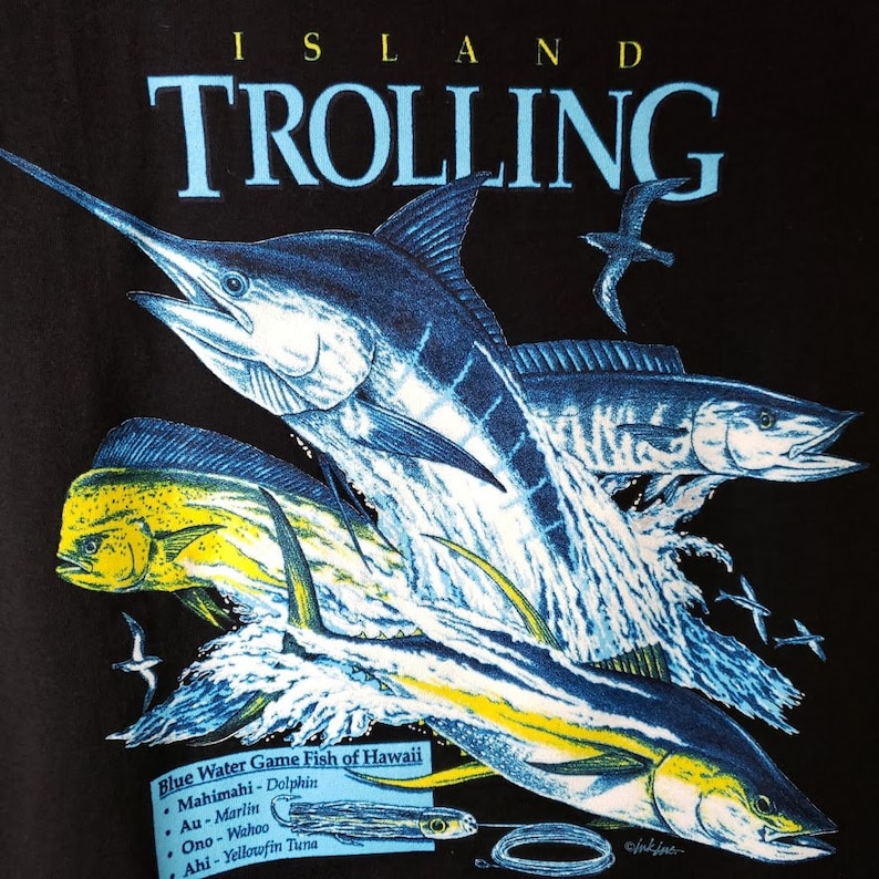 Lawai Island Trolling Tank Top Vintage 90s Marlin Hawaii Blue Water Game Fish Made In USA Mens Size Medium