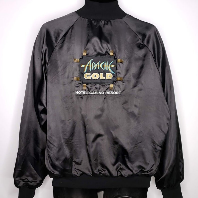 Apache Gold Hotel Casino Satin Bomber Jacket Vintage 80s Native American Made In USA Mens Size Large