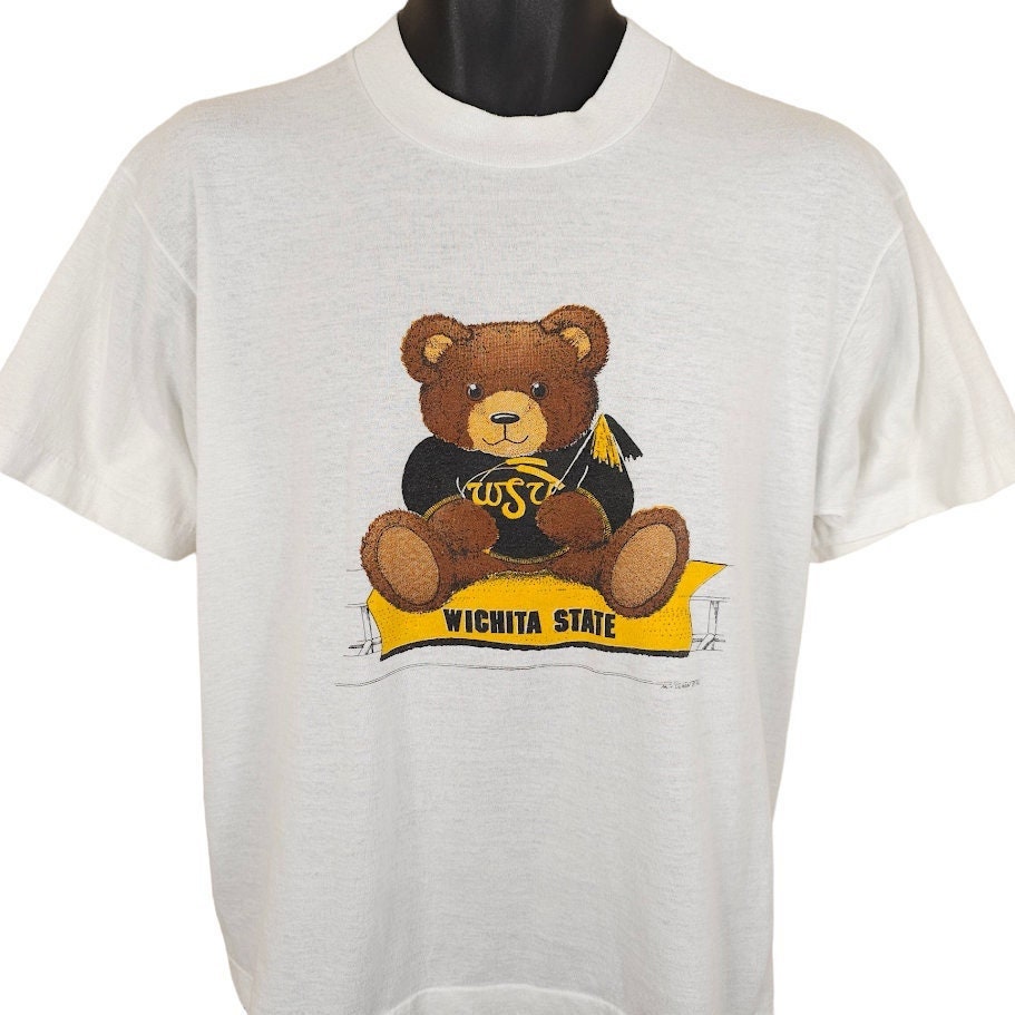 Vintage Wichita State SHOCKERS T-Shirt Größe L Weiß 80er Jahre Teddybär Schule