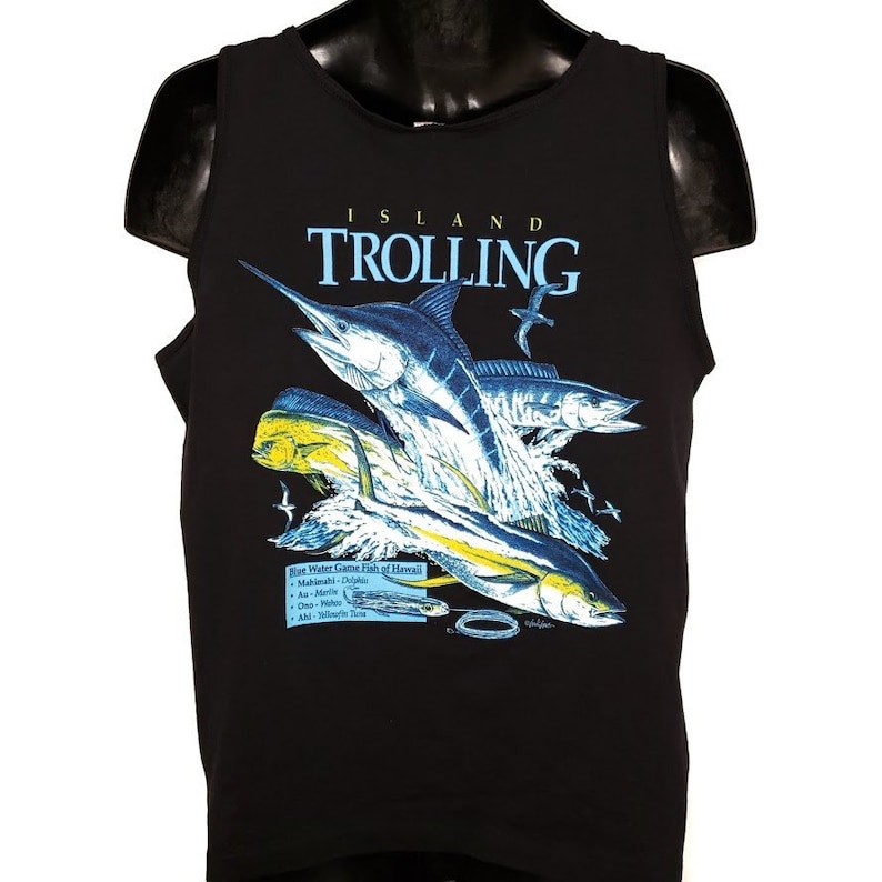 Lawai Island Trolling Tank Top Vintage 90s Marlin Hawaii Blue Water Game Fish Made In USA Mens Size Medium