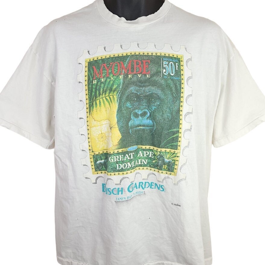 トップス Vintage Arqo pile border t shirts USA Myombe Reserve Busch Gardens T Shirt Vintage 90s Great Ape