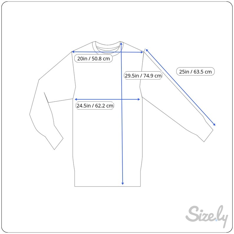 Op de afbeelding: Een wit shirt met lange mouwen met afmetingen. De breedte van het shirt is 50,8 cm, de lengte is 74,9 cm en de mouwlengte is 63,5 cm. De lichaamslengte van het shirt is 62,2 cm. Het Sizely-logo staat rechtsonder.
