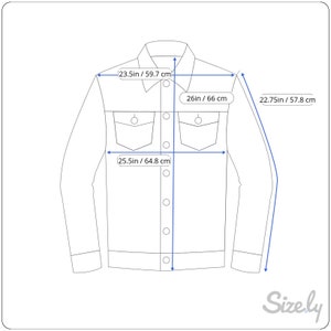 May include: A white denim jacket with long sleeves and button closure. The jacket has two chest pockets and two front pockets. The measurements are 23.5 inches by 26 inches by 22.75 inches.