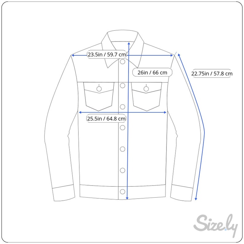 May include: A white denim jacket with long sleeves and button closure. The jacket has two chest pockets and two front pockets. The measurements are 23.5 inches by 26 inches by 22.75 inches.