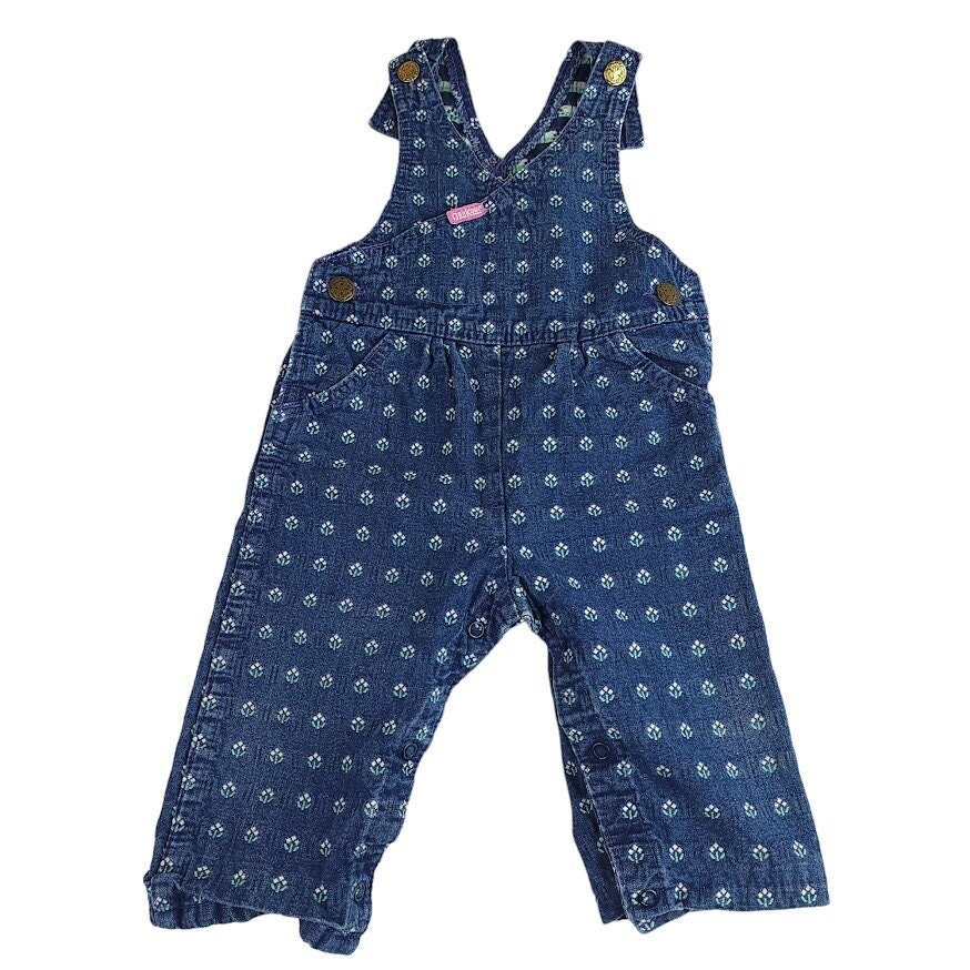OshKosh B'Gosh Denim Overalls Vintage 80s Floral All Over Print Flower Vestbak Made In USA Size 18M