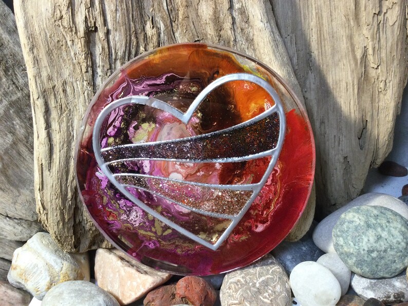 reversible. Burgundy n Gold Resin Coaster \u201cSilver Heart\u201c