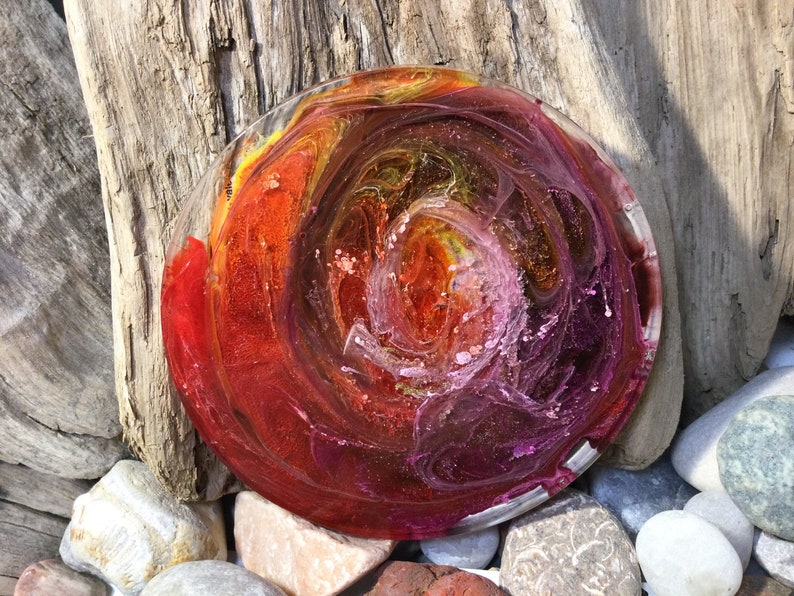 reversible. Burgundy n Gold Resin Coaster \u201cSilver Heart\u201c