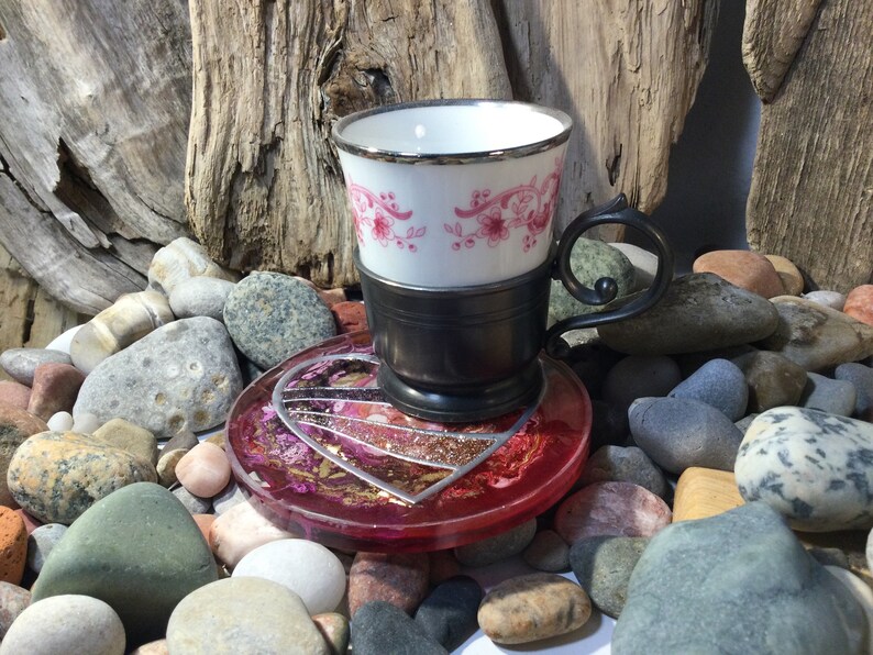 reversible. Burgundy n Gold Resin Coaster \u201cSilver Heart\u201c