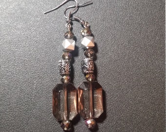 Smoky Crystal and Silver Dangle Earrings