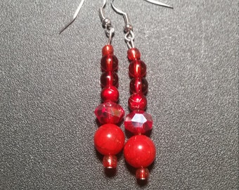 Beautiful Red Beaded Dangle Earrings in Silver