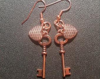 Bright Copper Heart and Key Dangle Earrings