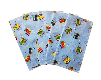 Boys Handkerchiefs, Set of 5, Flannel Handkerchiefs, Child Handkerchiefs, Train Handkerchiefs, Reusable Tissues, Lunchbox Napkins B58