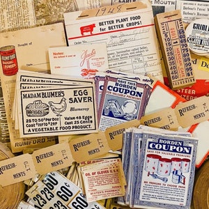 Lot vintage etenswaren (15 stuks), junkjournaal Keukentickets kortstondig, kaartjes, etiketten