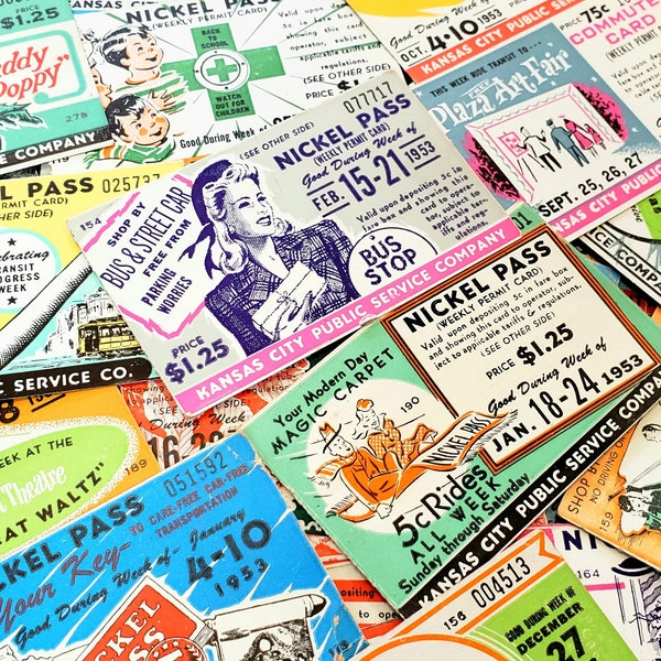 Vintage 1950s Commuter Card Pass Tickets, Vintage Advertising tickets From The Kansas City Public Service Co. (Random Picks Will Be Sent)