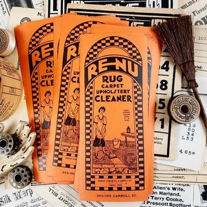 Etiquetas gomadas para limpador de tapetes vintage Re-Nu, etiquetas publicitárias de vassouras, limpador de estofados para tapetes