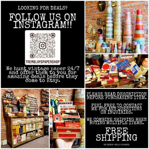 Puede incluir: Un collage de im&aacute;genes con papel y objetos antiguos. La imagen superior muestra un c&oacute;digo QR con el texto "TREMBLAYSPAPERSHOP" y el texto "LOOKING FOR DEALS? FOLLOW US ON INSTAGRAM!!". La imagen inferior muestra una variedad de papel y objetos antiguos, incluyendo etiquetas, etiquetas y tarjetas. El texto "PLEASE READ DESCRIPTION BEFORE PURCHASING ITEM. FEEL FREE TO CONTACT ME FOR ANY QUESTIONS OR INQUIRIES. WE COMBINE SHIPPING WHEN BUYING MULTIPLE ITEMS. FREE SHIPPING ON ORDERS $35.00 OR MORE." tambi&eacute;n es visible.