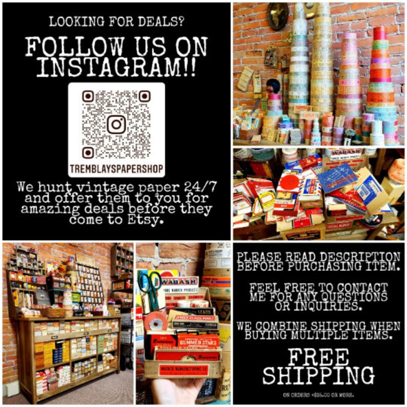 Puede incluir: Un collage de im&aacute;genes con papel y objetos antiguos. La imagen superior muestra un c&oacute;digo QR con el texto "TREMBLAYSPAPERSHOP" y el texto "LOOKING FOR DEALS? FOLLOW US ON INSTAGRAM!!". La imagen inferior muestra una variedad de papel y objetos antiguos, incluyendo etiquetas, etiquetas y tarjetas. El texto "PLEASE READ DESCRIPTION BEFORE PURCHASING ITEM. FEEL FREE TO CONTACT ME FOR ANY QUESTIONS OR INQUIRIES. WE COMBINE SHIPPING WHEN BUYING MULTIPLE ITEMS. FREE SHIPPING ON ORDERS $35.00 OR MORE." tambi&eacute;n es visible.