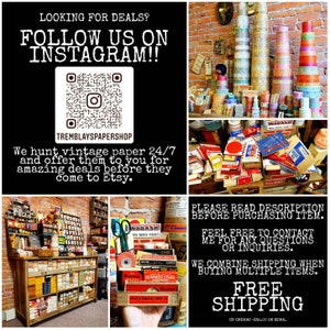 Puede incluir: Un collage de im&aacute;genes que muestran productos de papel vintage, incluyendo rollos de cinta de papel, cajas de papel y una variedad de otros art&iacute;culos de papel. El texto "FOLLOW US ON INSTAGRAM!!" se muestra en letras grandes y en negrita en la parte superior de la imagen. Tambi&eacute;n se incluye un c&oacute;digo QR, junto con el texto "TREMBLAYSPAPERSHOP".