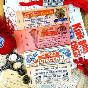 May include: Four vintage circus ticket stubs with red, white, and blue colors. The tickets are for the Cristiani Wallace Bros. Circus, the Sertoma Club of York, Von Bros. Circus, and Hunt's Spirit of '76 Circus. The tickets feature images of elephants, clowns, and tigers.
