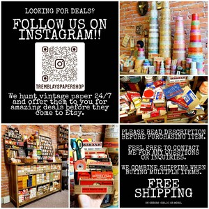 May include: A collage of images showcasing vintage paper products, including rolls of paper tape, boxes of paper, and a variety of other paper goods. The text "FOLLOW US ON INSTAGRAM!!" is displayed in large, bold letters at the top of the image. A QR code is also included, along with the text "TREMBLAYSPAPERSHOP".