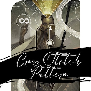 May include: A digital illustration of a person with a beard and long hair, wearing a dark brown shirt with a white snake pattern. The person is holding a staff with a white snake wrapped around it. The background is a dark gray with a white infinity symbol and a gold triangle.