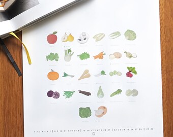 Seasonal calendar A3 |PRINTABLE| seasonal, local fruit and vegetables| Illustrations|Gift Christmas|sustainable &reusable|wall calendar 2023