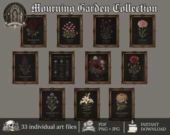 Victorian Mourning Flower Prints, Gothic Botanical Wall Art (11 Prints)