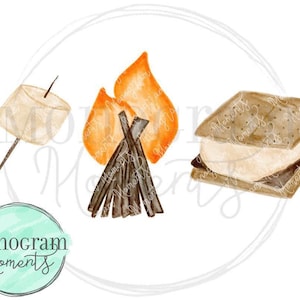 Acuarela Camping PNG - Trío de S'mores en fogatas Clipart para descarga digital, sublimación e imprimibles