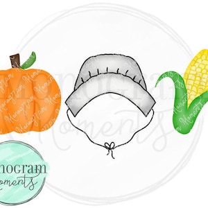 May include: A digital illustration of a pumpkin, a corn cob, and a pilgrim hat. The pumpkin is orange and has a stem. The corn cob is yellow and has green leaves. The pilgrim hat is white and has a black outline.