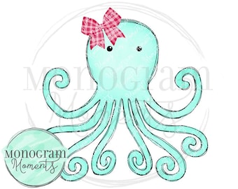 Akvarell sommar PNG - Bläckfiskmonogram Clipart för digital nedladdning, sublimering och utskrifter